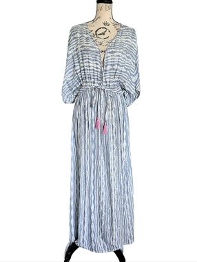 World Market Mira Kaftan Maxi Dress L/XL Blue white Boho Coastal Resort Vacation